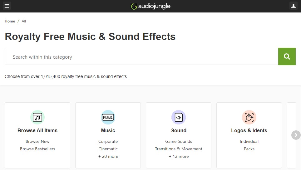 The Audiojungle audio library homepage