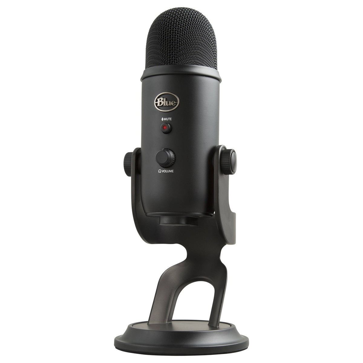 A black Blue Yeti microphone.