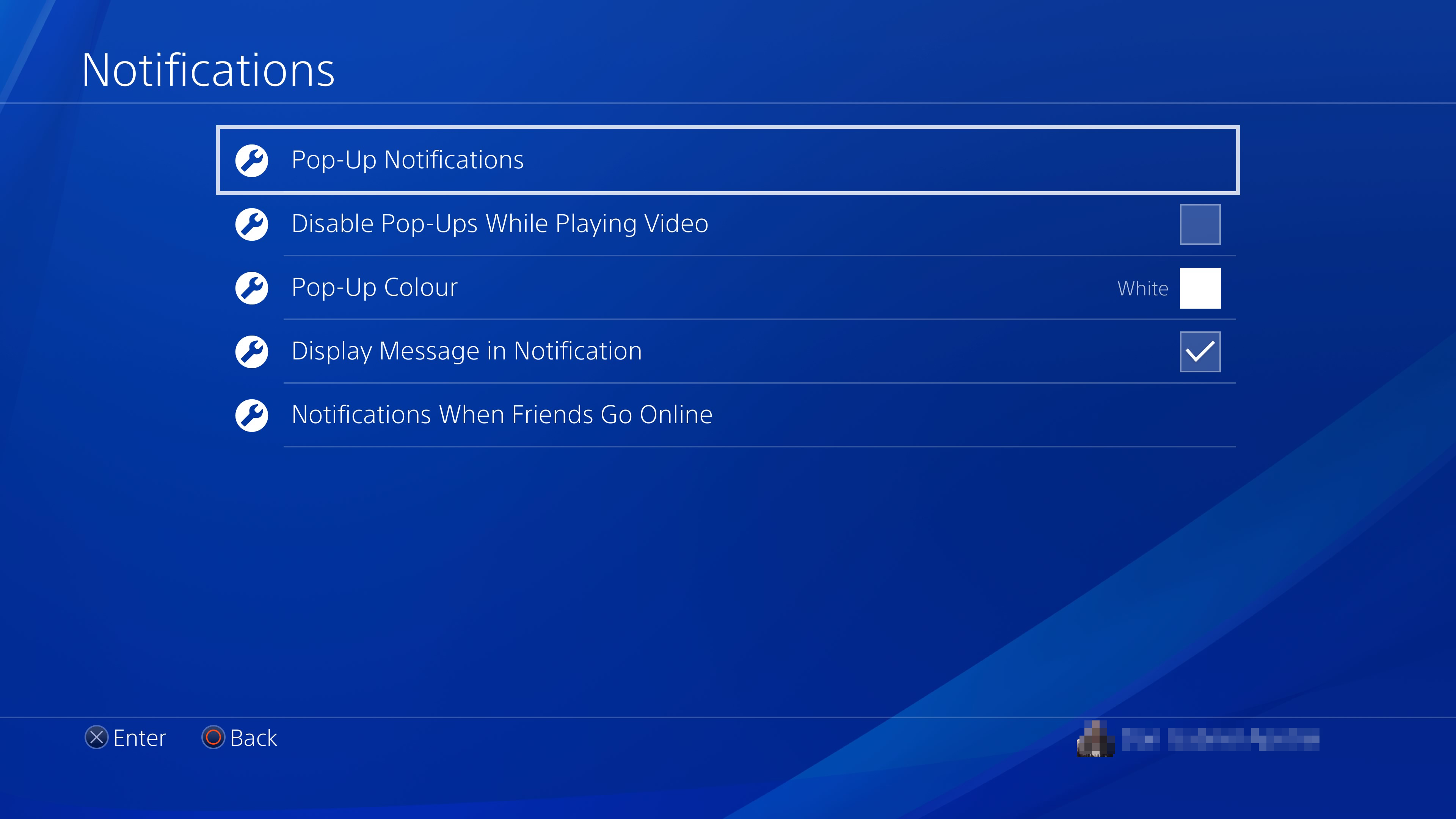 PS4 Notification settings with Pop-up Notifications highlighted