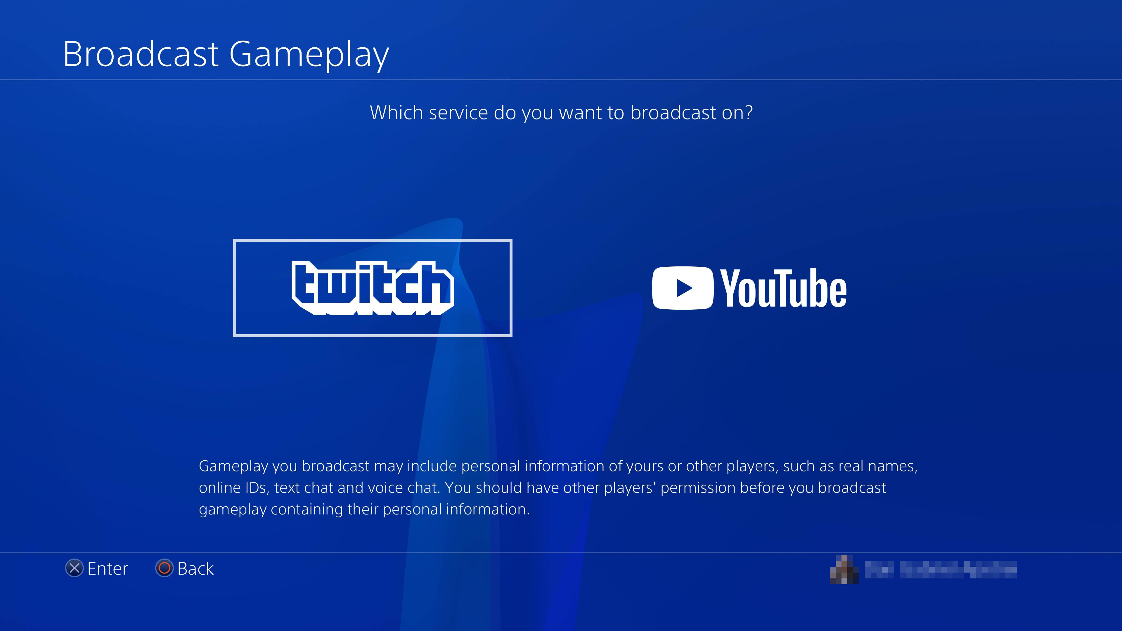 PS$ Broadcast Gameplay menu with the YouTube option highlighted