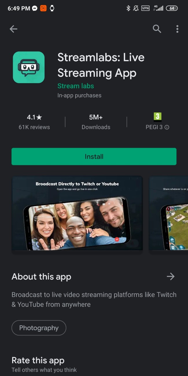 The Streamlabs app PlayStore page