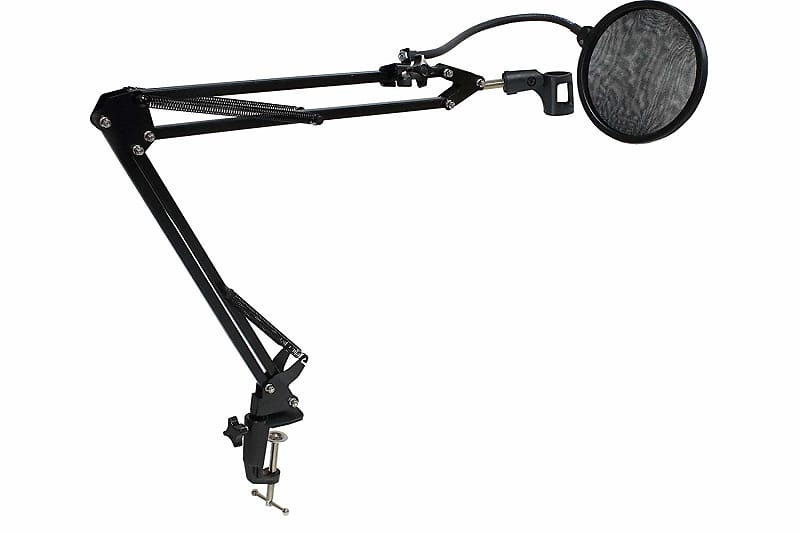 A desk mounted, articulated boom arm with a pop filter attached.