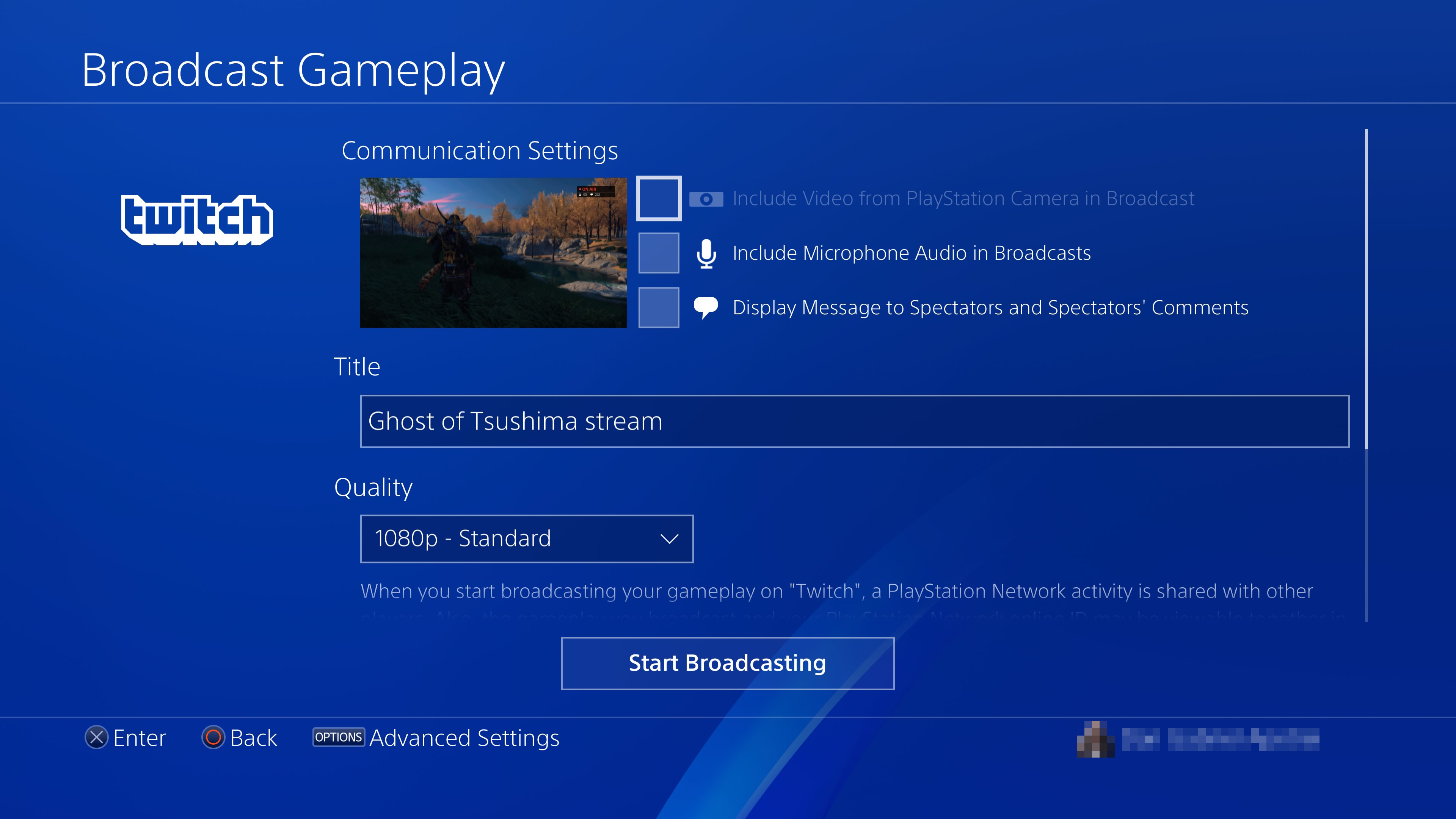 PS4 Broadcast Gammeplay on Twitch menu