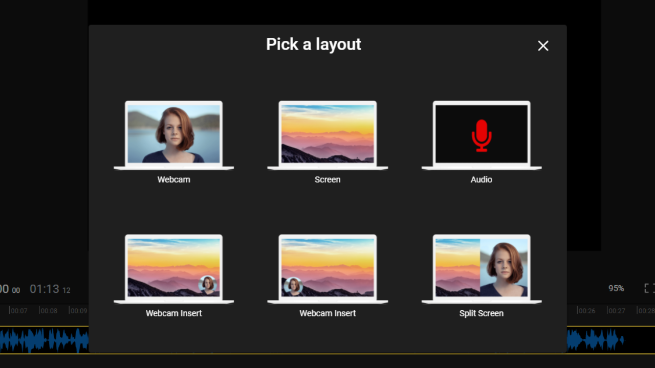 The layout selection menu for webcam, screen and microphone recording.