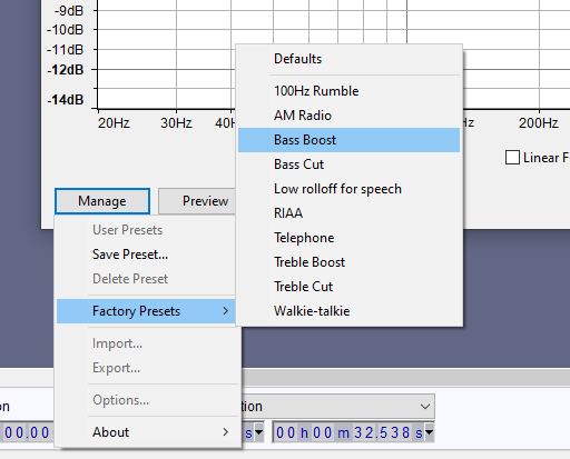 A screenshot showing you how to sellect the Bass Boost preset by going to Manage > Factory Presets > Bass Boost in the Equalizer menu.