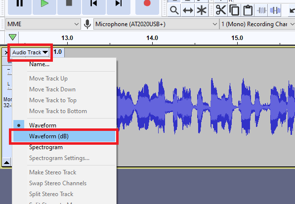 A screenshot showing you how to switch the Audio Track display to Waveform (dB)