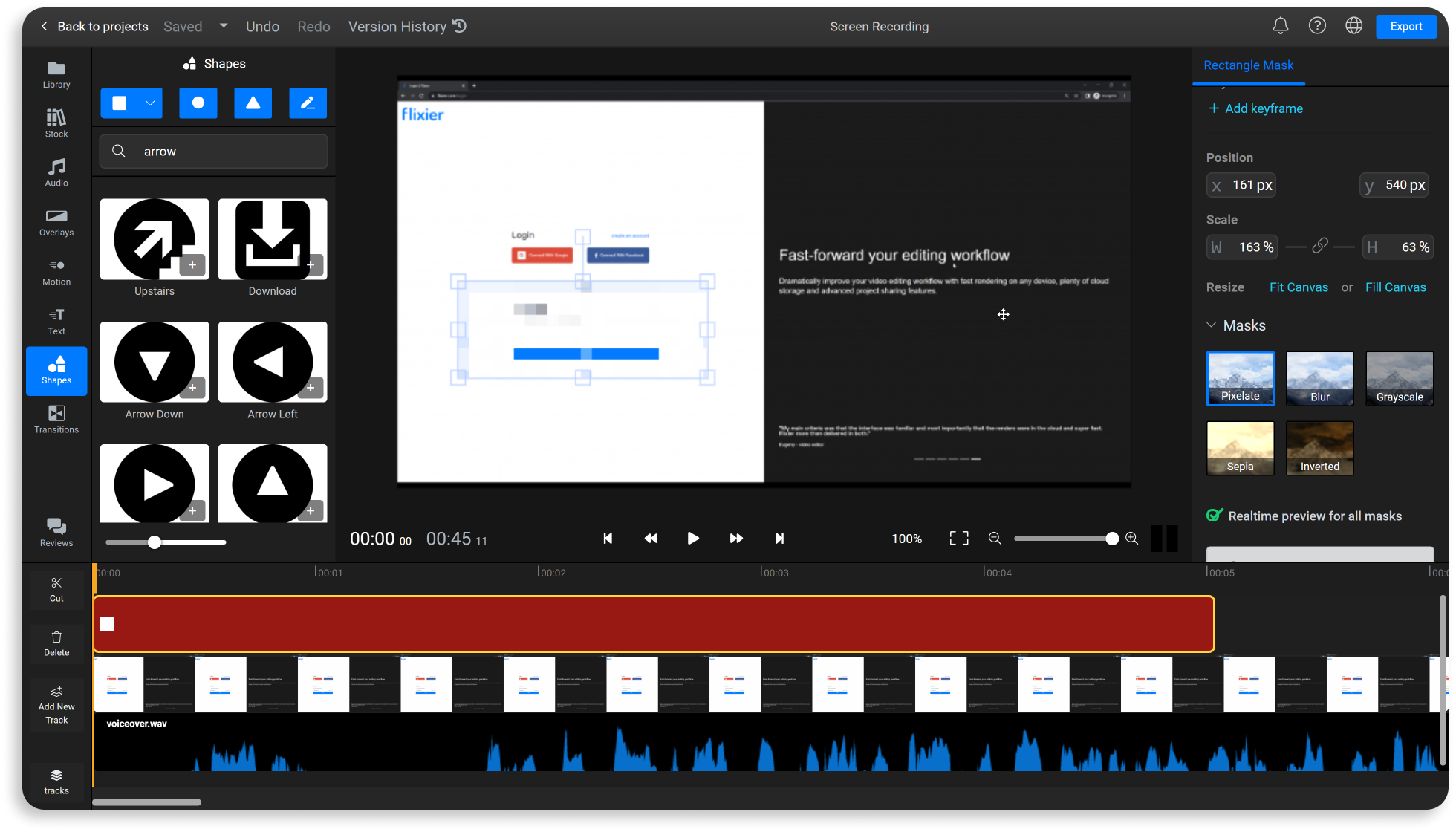 A screen recording being edited in Flixier, with a pixelating mask censoring confidential login information.