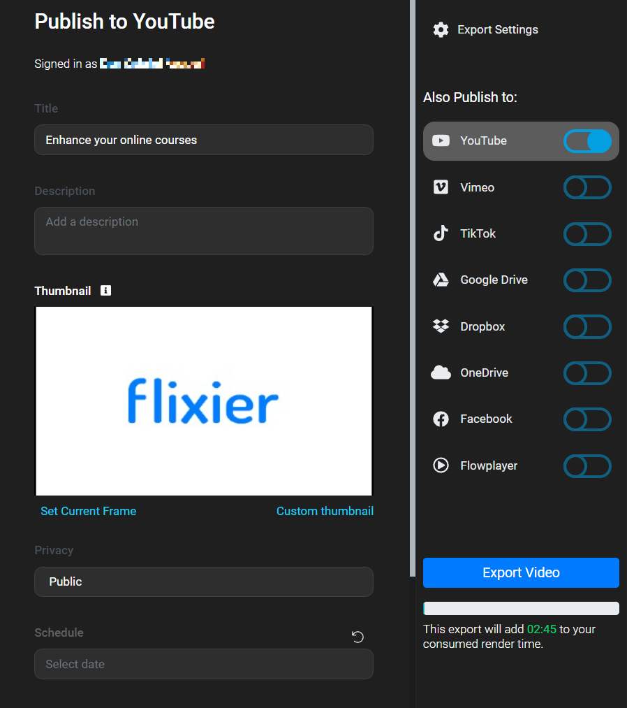 A screenshot of the Flixier export options