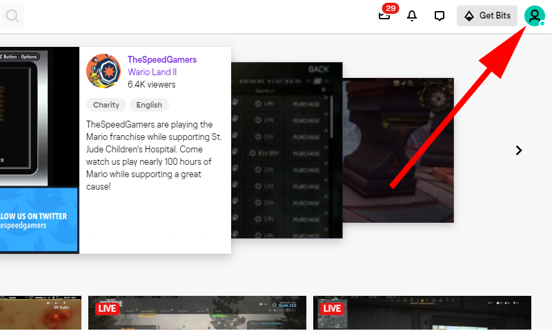 A picture showing the Twitch user profile icon in the top right corner of the screen