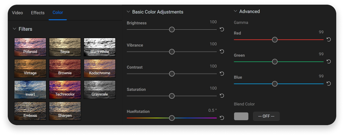 The color adjustment options available in Flixier