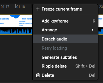 Flixier Timeline context menu with the Detach Audio button highlighted