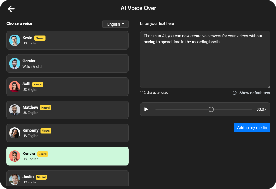 A screenshot showing how you can generate AI powered voiceovers with Flixier.