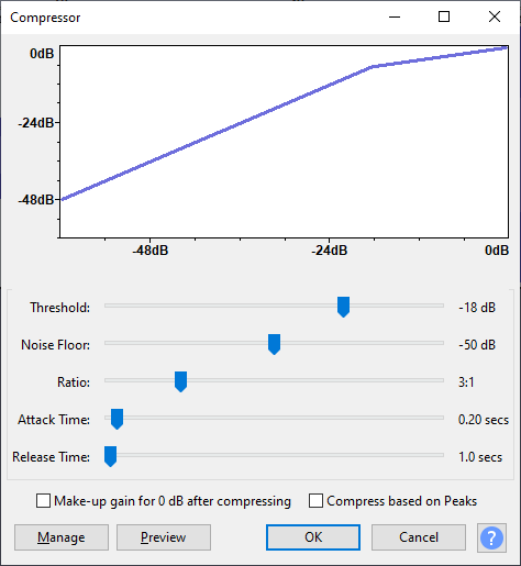 An image showing the optimal Audacity  compressor settings to be as follows: a Threshold of -18 dB, a noise floor of -50, a Ratio of 3:1, an attack time of 0.2 seconds and a release time of 1 second.