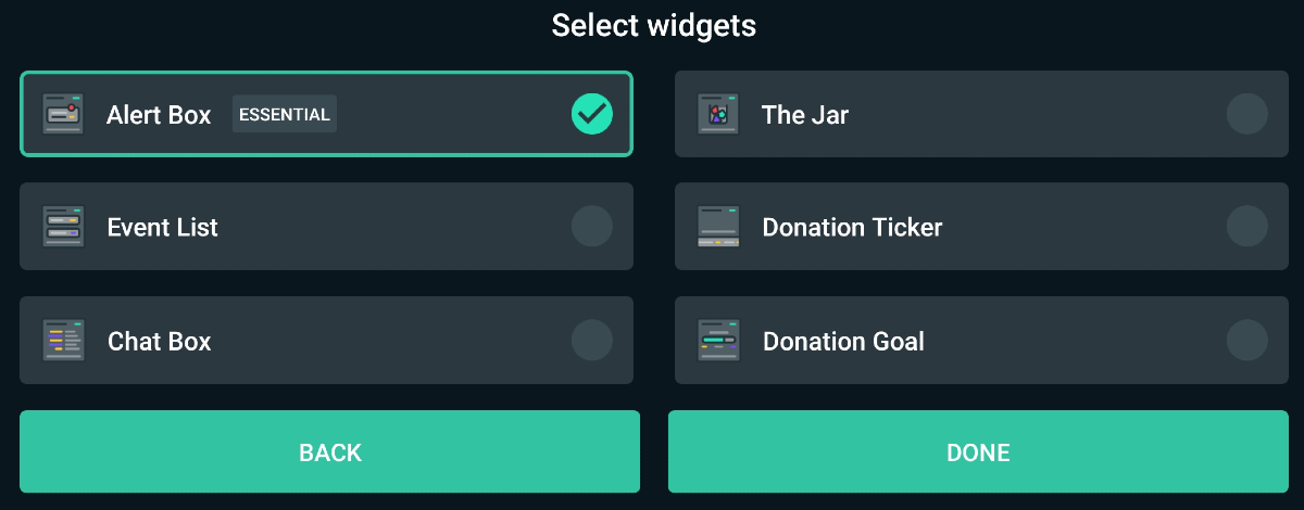 Streamlabs app widgets selection screen