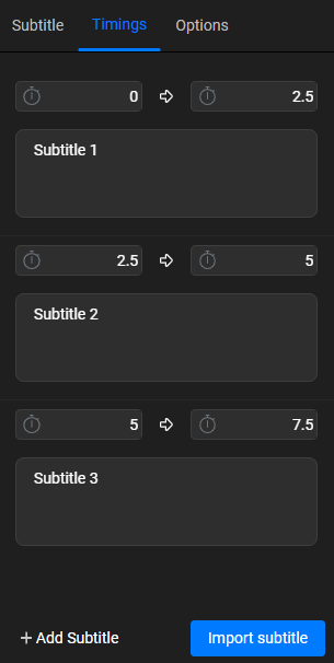 The subtitle timings menu