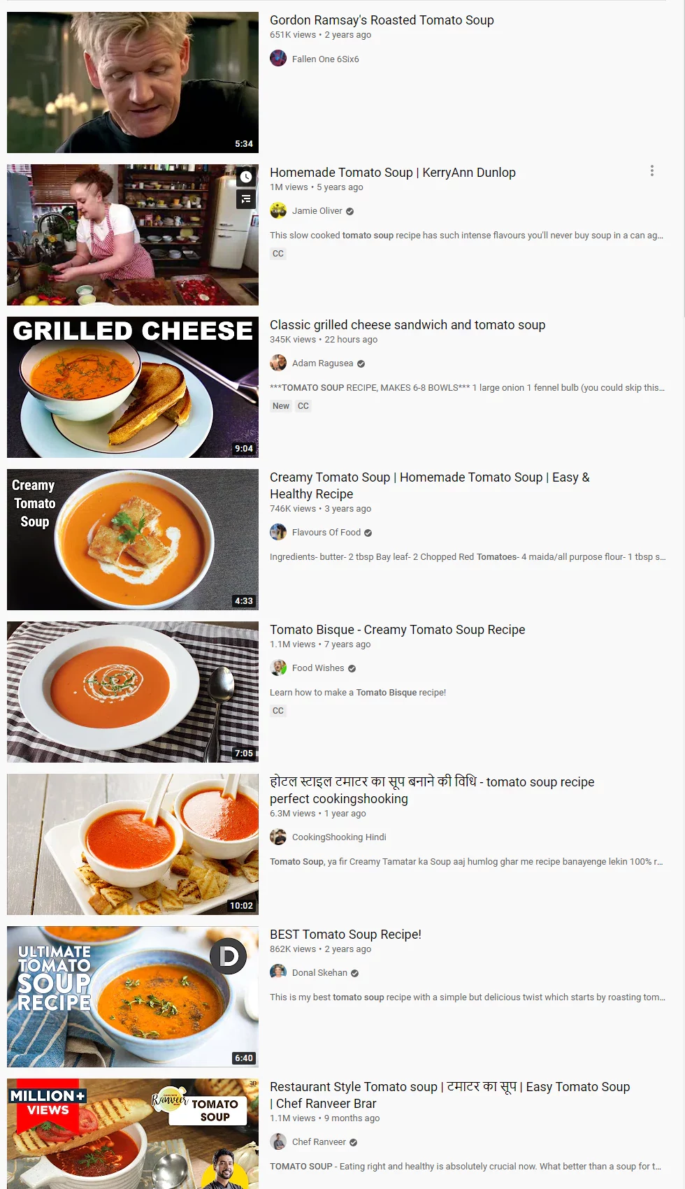 The search results for 'tomato soup'