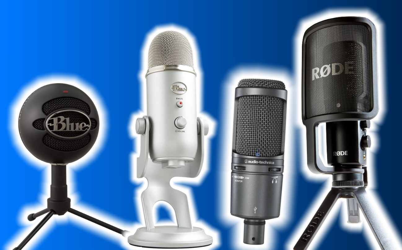 A Blue Snowball, a Blue Yeti, an Audio Technica 2020 USB and a Rode NT-USB.