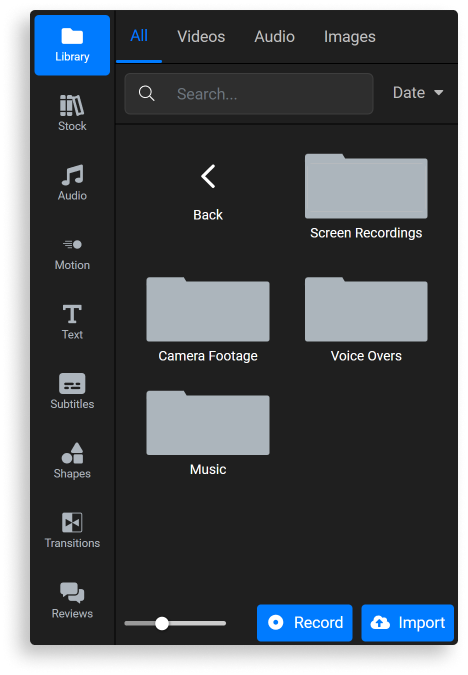 A screenshot of the Flixier media library with different folers labeled 'screen recordings', 'camera footage', 'voice overs' and 'Music'