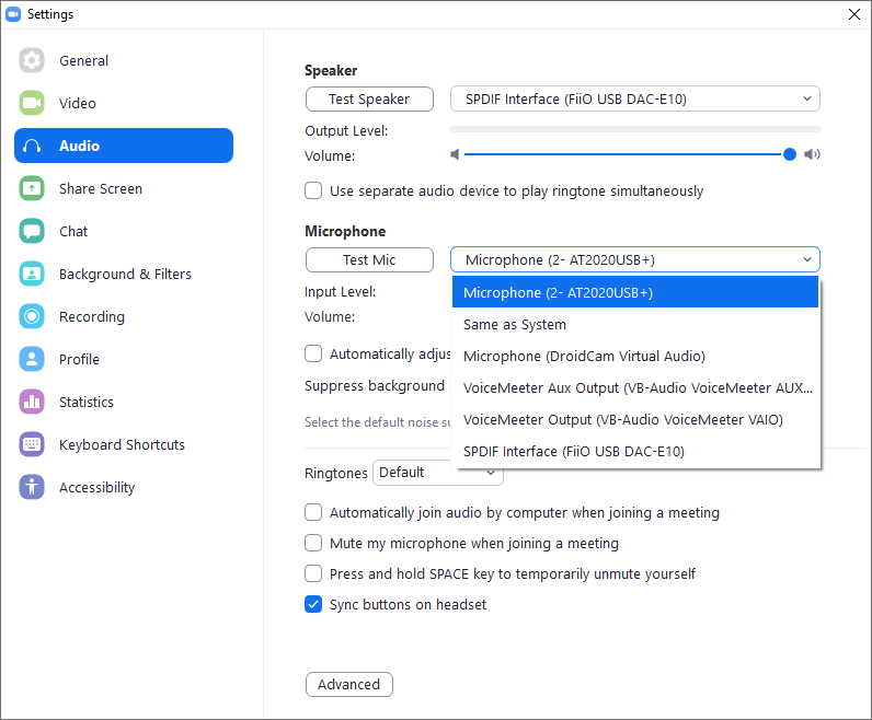 The Zoom microphone select menu.