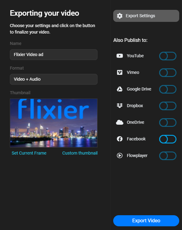 The Flixier video export screen