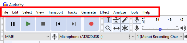 An image of the main Audacity toolbar.