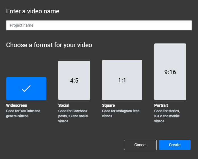 Flixier  Create Project menu asking the user to enter a name and choose an Aspect Ratio