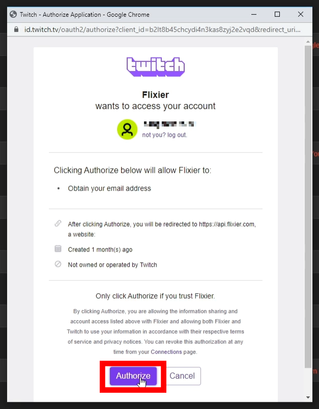 The Twitch permissions pop-up