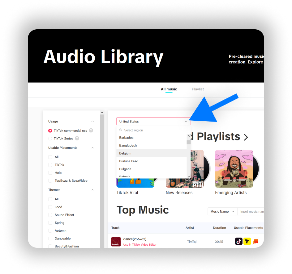 A screenshot pointing out the region selector in the TIkTok Commercial Audio Library.