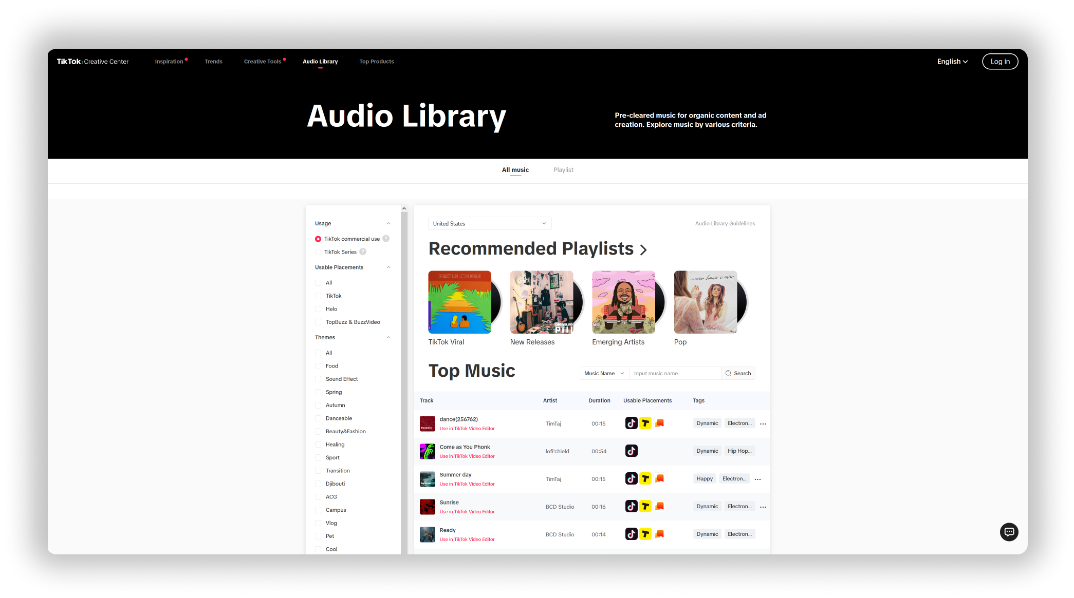 The Audio tab of TIkTok's Creative Library.