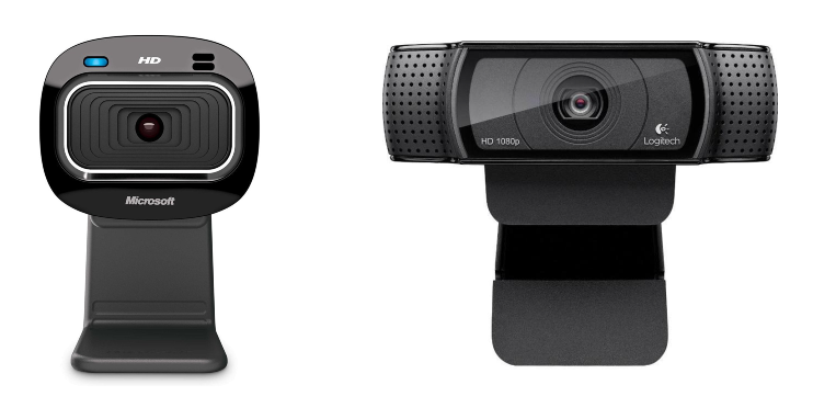 A Microsoft LifeCam HD-3000 next to a Logitech C922 camera.