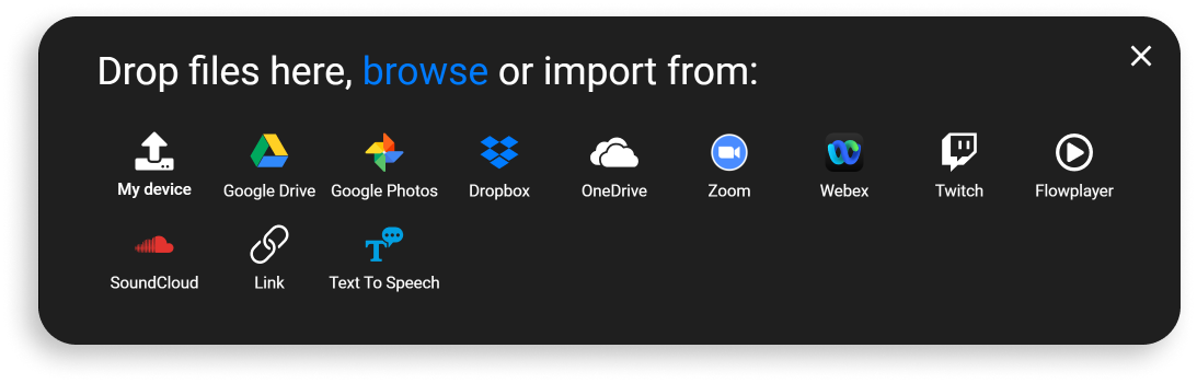 Screenshot of the Flixier import/upload menu.