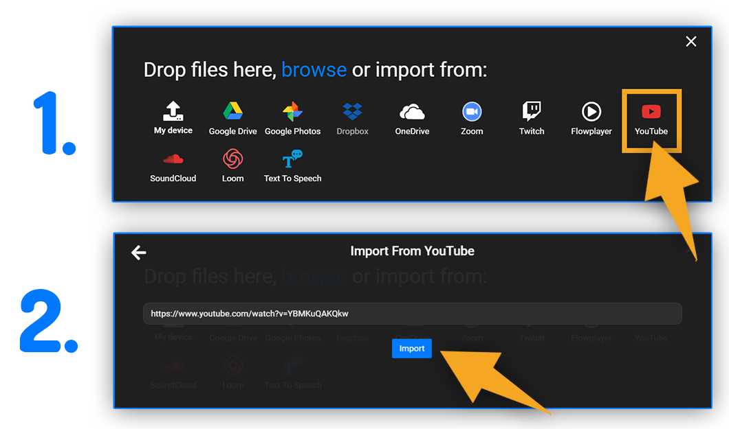 The Flixier Import interface, with the YouTube option highlighted