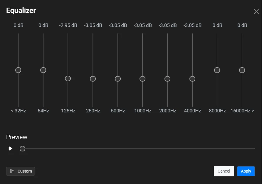 Flixier equalizer settings with the mids turned down