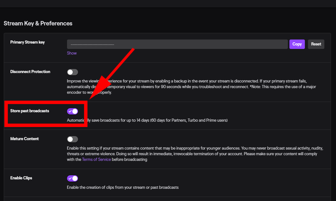 A screenshot pointing you to the Store past proadcasts toggle in the Stream Key & Preferences menu. 