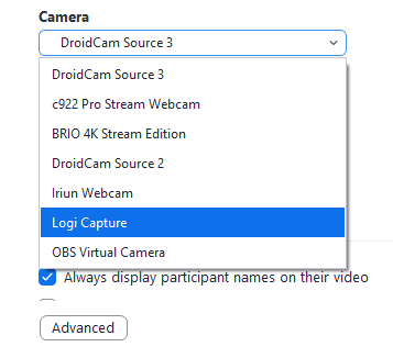 Zoom Camera drop-down list with the Logi Capture option highlighted